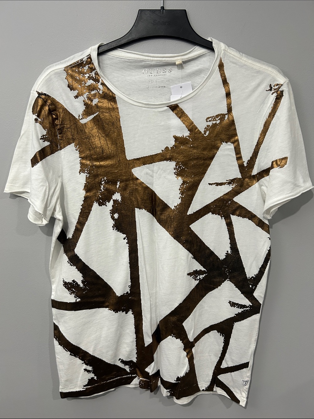 Guess White Short-Sleeve Tee with Metallic Brown Graphic Print